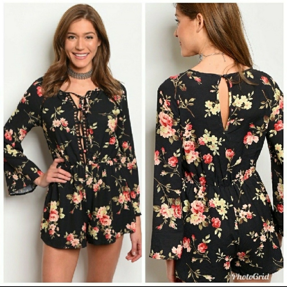 Long sleeve/shorts Black Floral Romper #2003